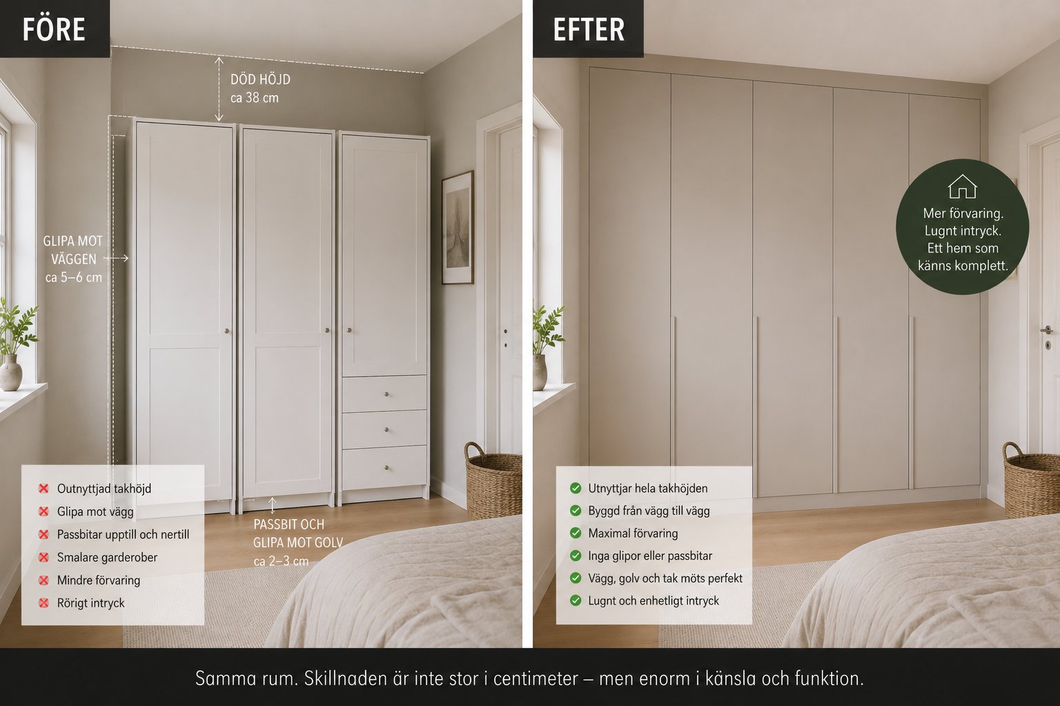 Före och efter: platsbyggd garderob i en villa i Huddinge
